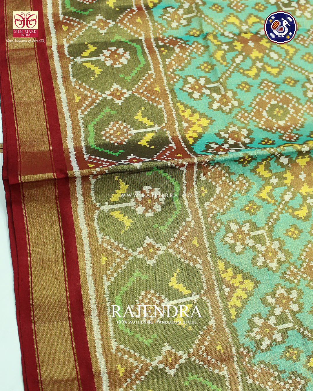 Traditional Navratna Design Red and Sea Green Zari Tissue Rajkot Patola Saree