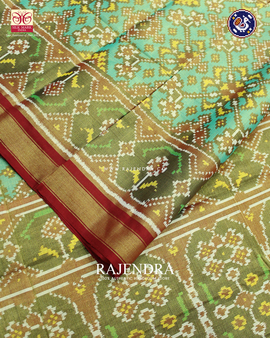 Traditional Navratna Design Red and Sea Green Zari Tissue Rajkot Patola Saree