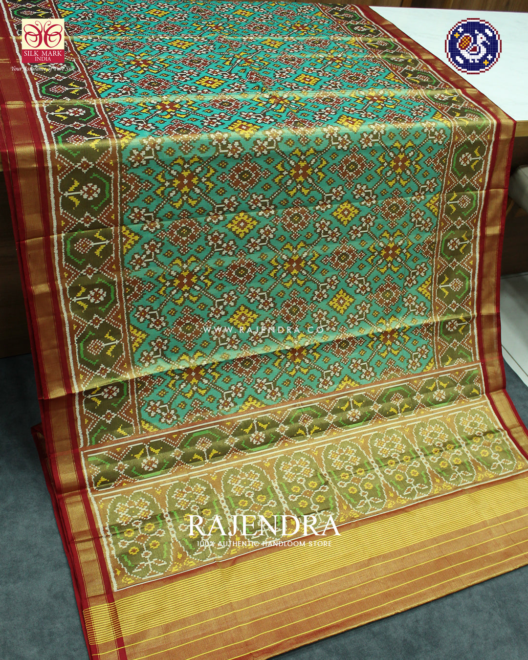Traditional Navratna Design Red and Sea Green Zari Tissue Rajkot Patola Saree