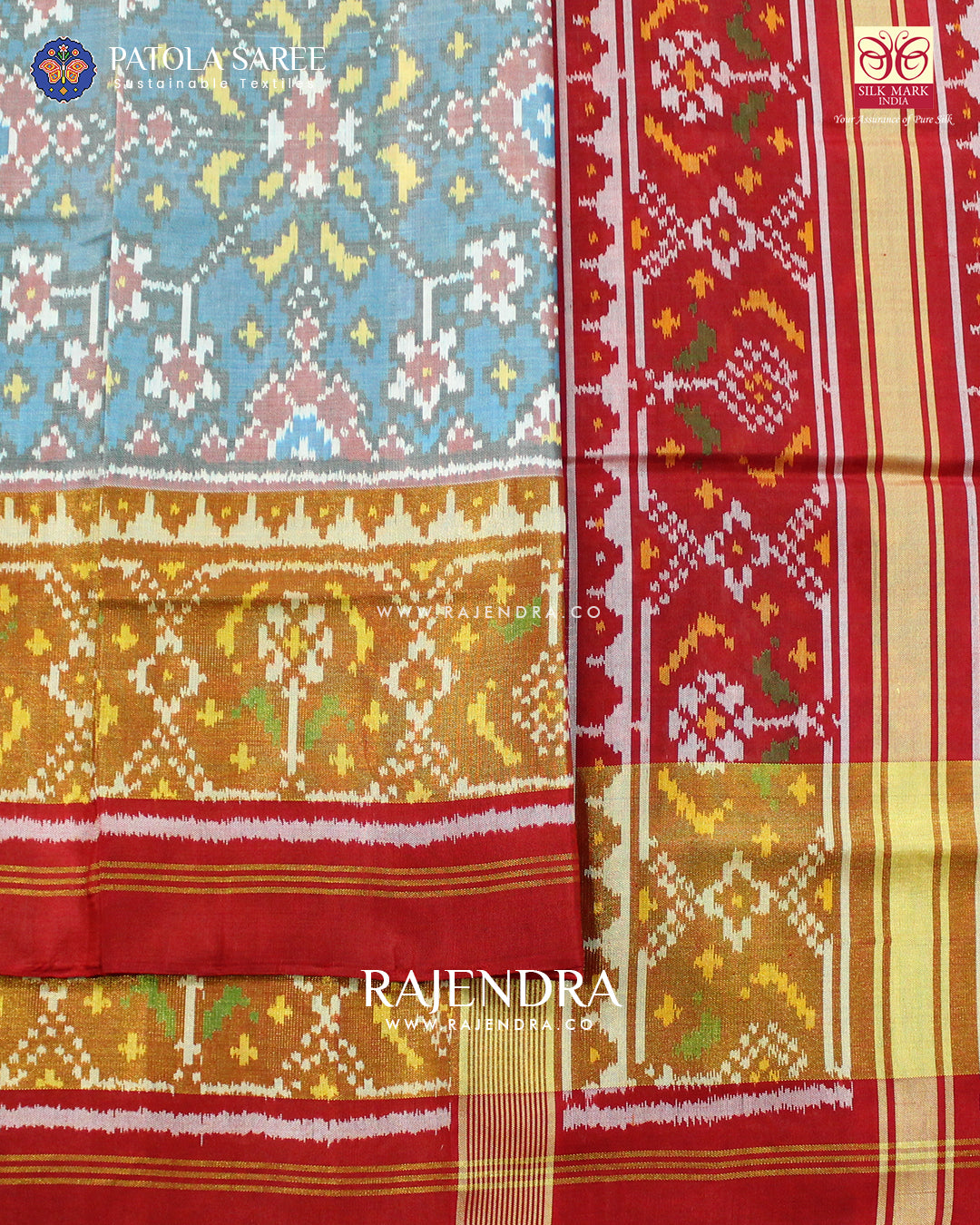 Traditional Navratna Light Blue Single Ikat Rajkot Patola Saree