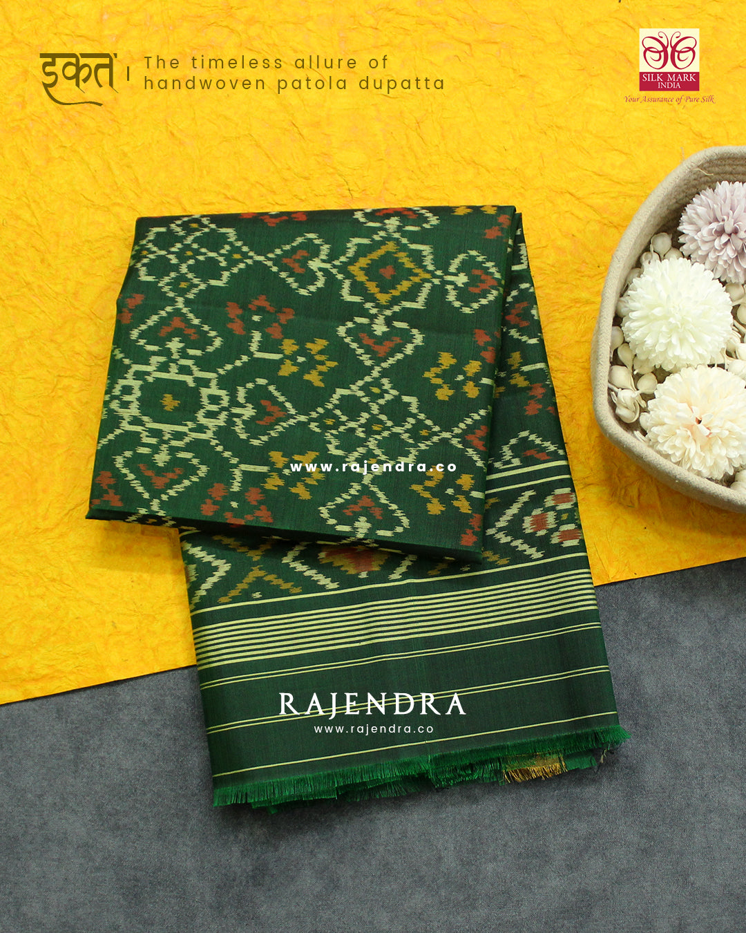 Traditional Navratna Manekchowk Mix Design Green Single Ikat Rajkot Patola Dupatta
