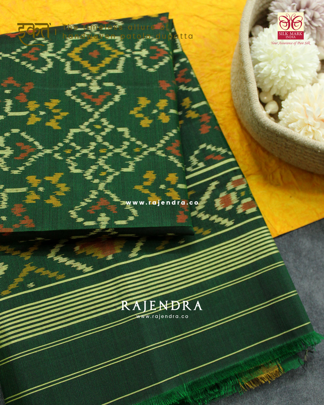 Traditional Navratna Manekchowk Mix Design Green Single Ikat Rajkot Patola Dupatta
