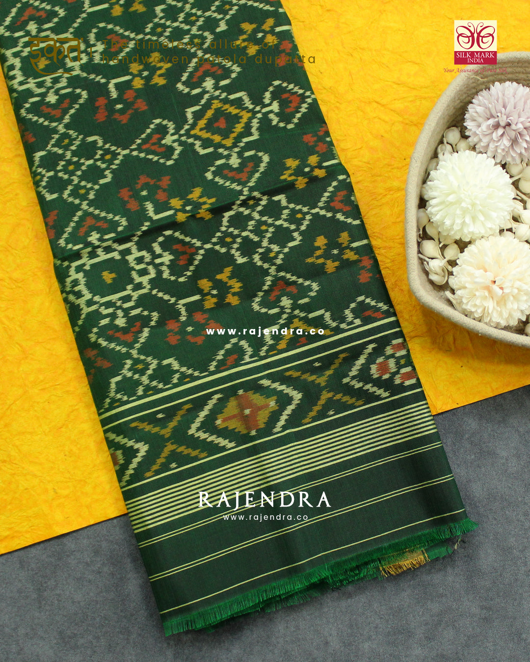 Traditional Navratna Manekchowk Mix Design Green Single Ikat Rajkot Patola Dupatta