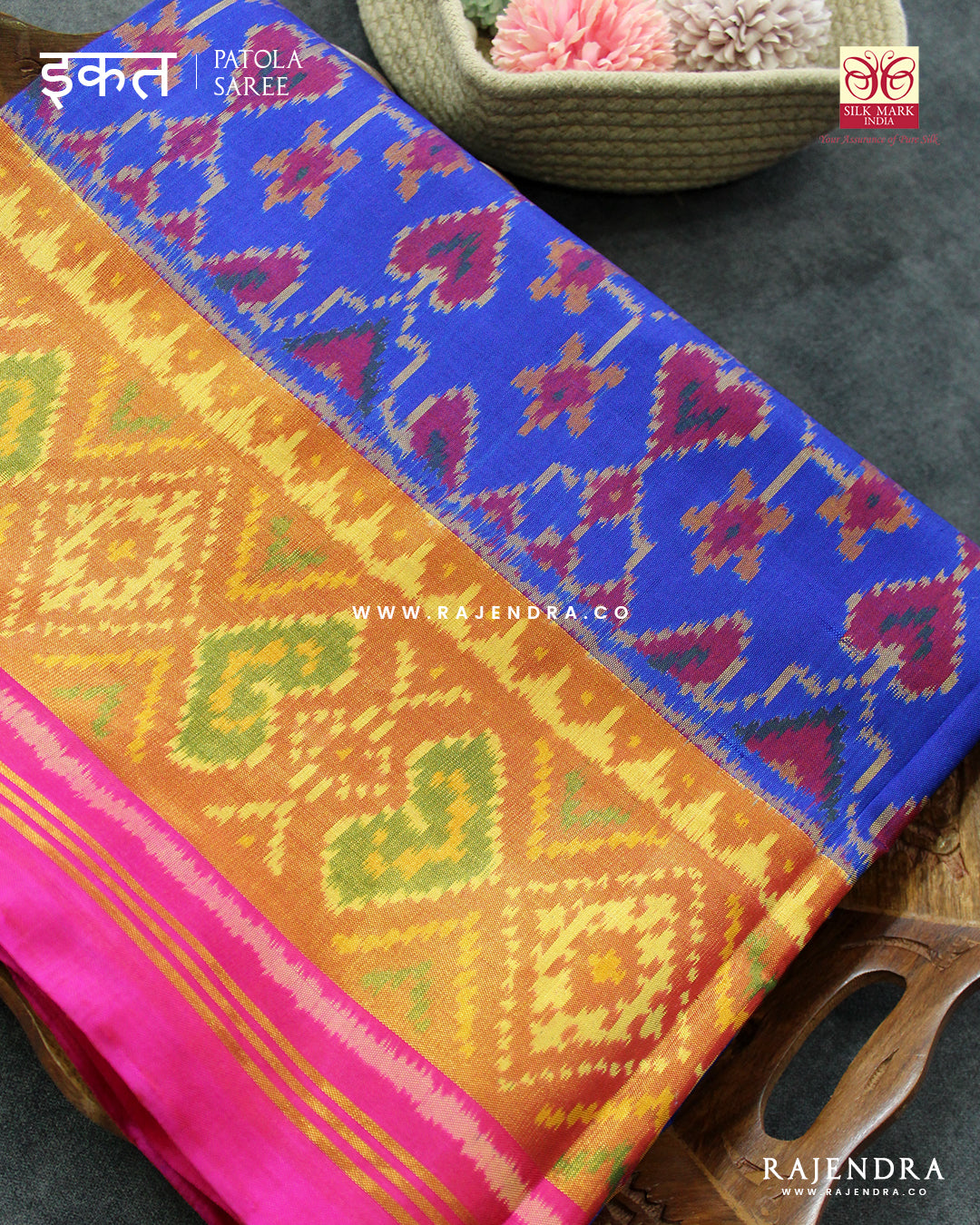 Traditional Panchanda Bhat Pink Blue Single Ikat Rajkot Patola Saree