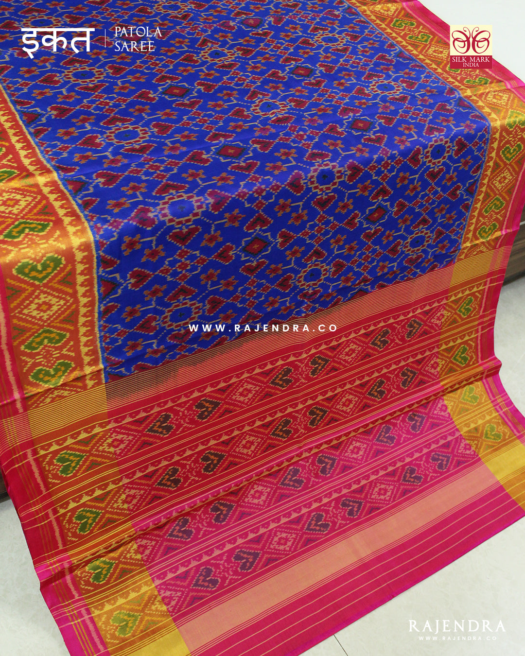 Traditional Panchanda Bhat Pink Blue Single Ikat Rajkot Patola Saree