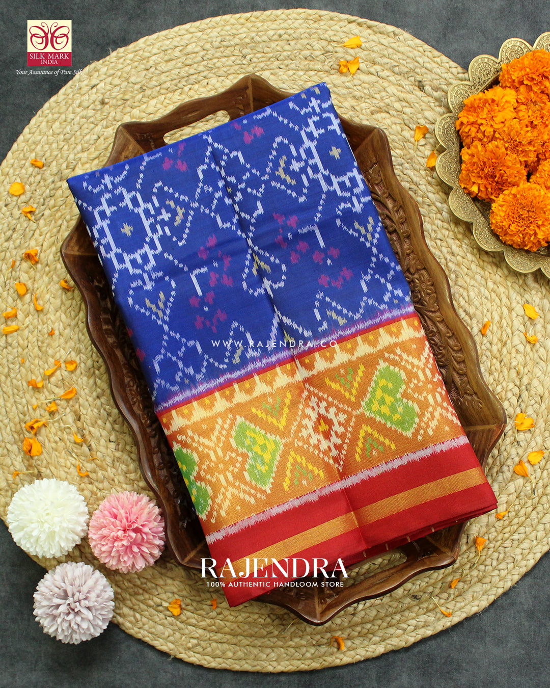 Traditional Navratna Manekchowk Mix Design Red and Blue Rajkot Patola Saree
