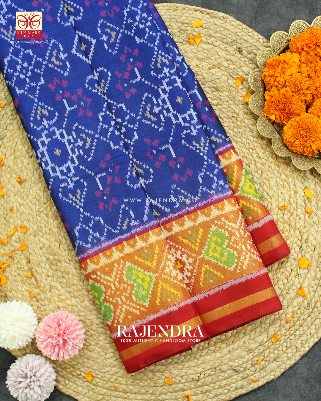 Traditional Navratna Manekchowk Mix Design Red and Blue Rajkot Patola Saree