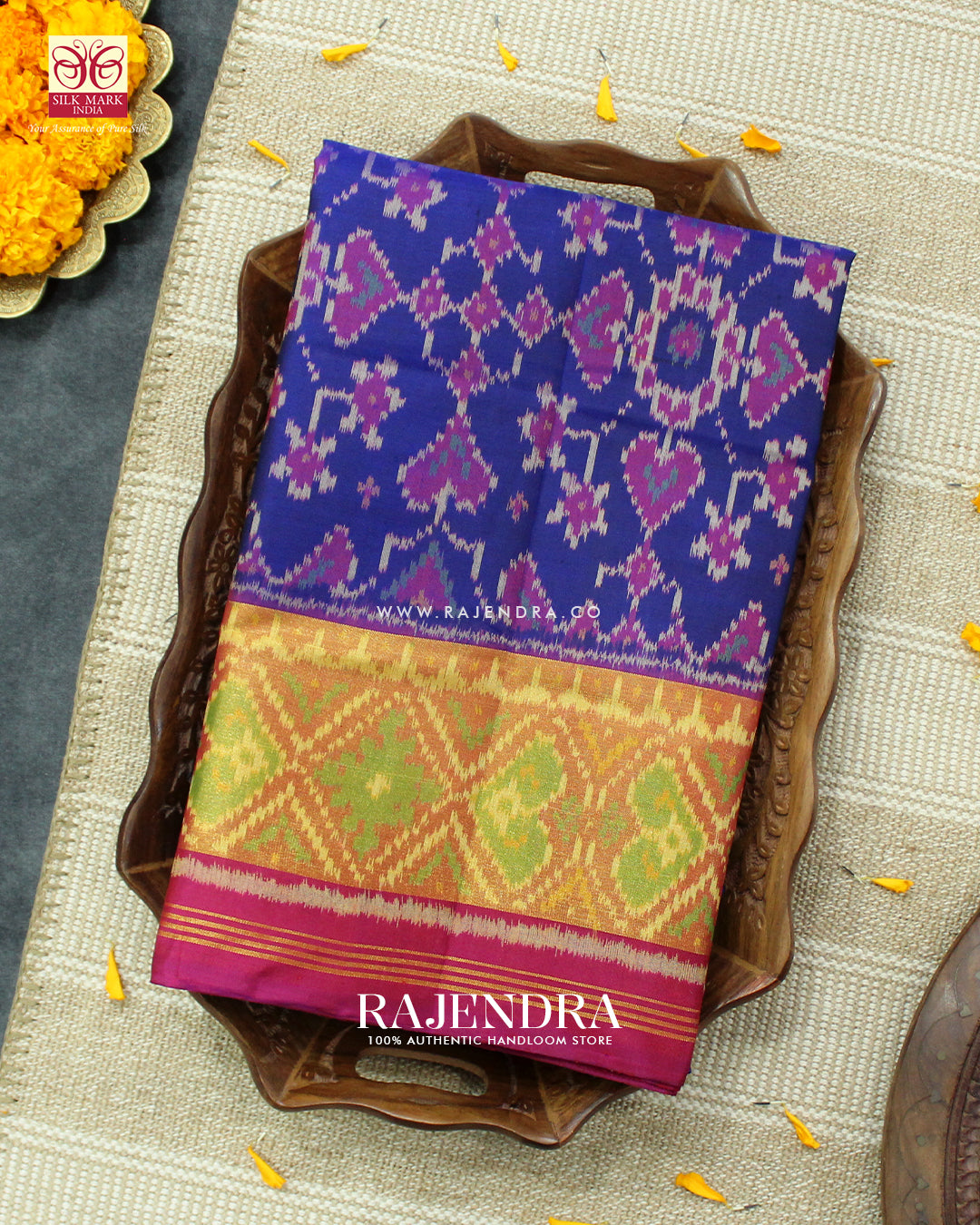 Traditional Navratna Design Pink and Blue Single Ikat Rajkot Patola Saree