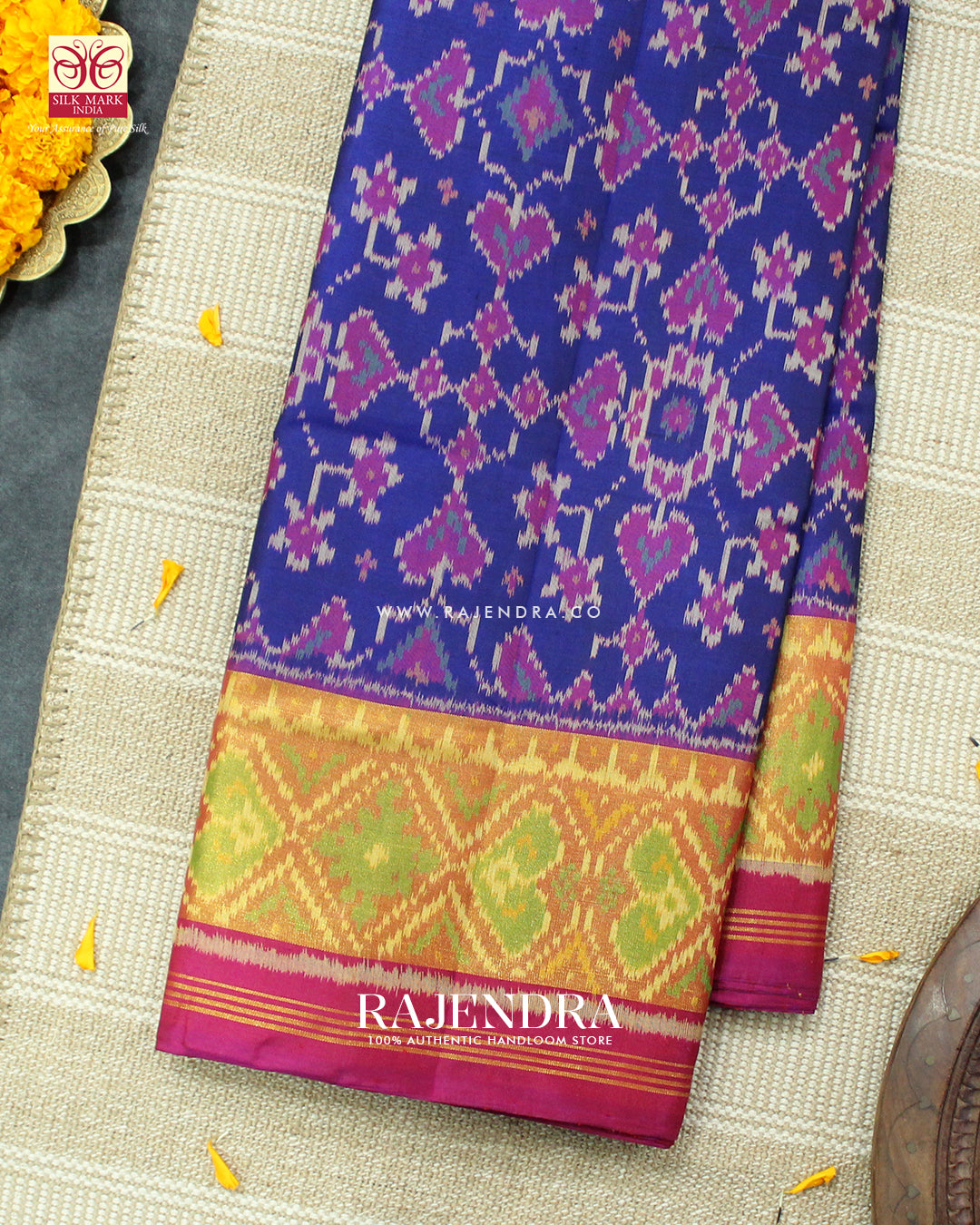 Traditional Navratna Design Pink and Blue Single Ikat Rajkot Patola Saree