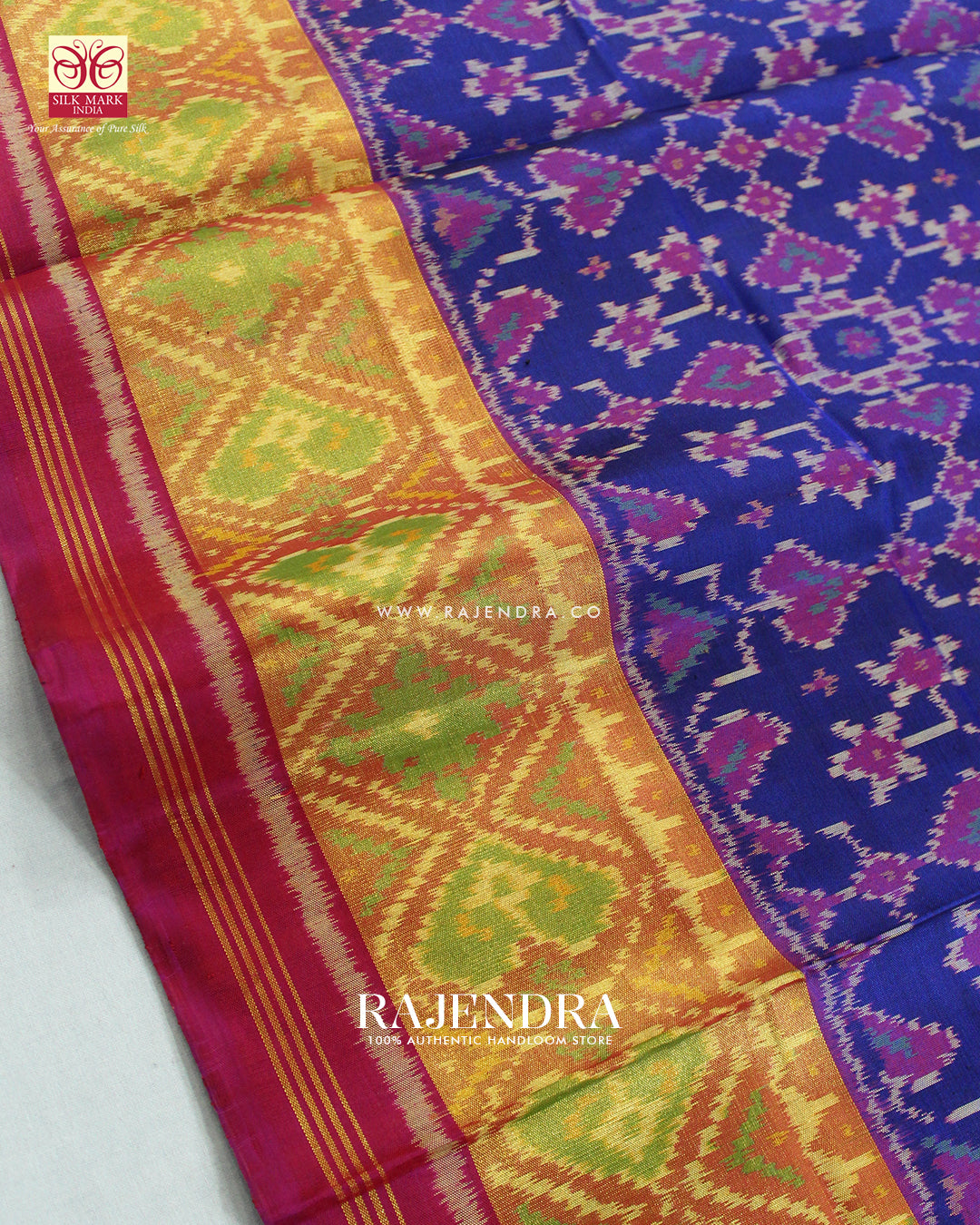 Traditional Navratna Design Pink and Blue Single Ikat Rajkot Patola Saree