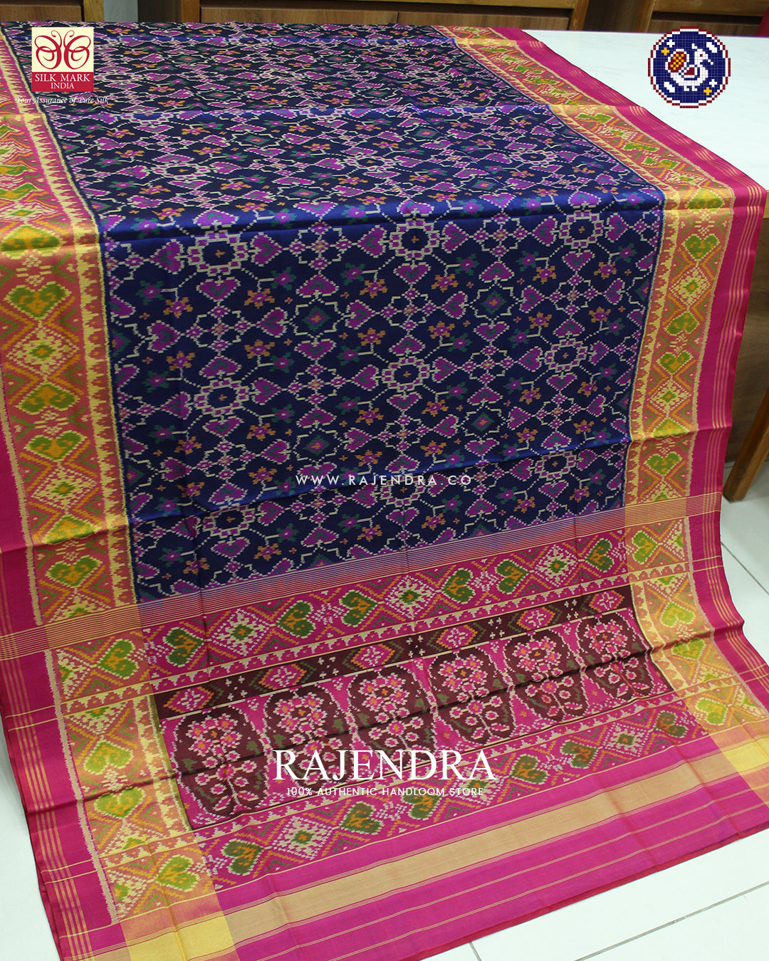 Traditional Navratna Manekchowk Mix Pink and Blue Rajkot Patola Saree