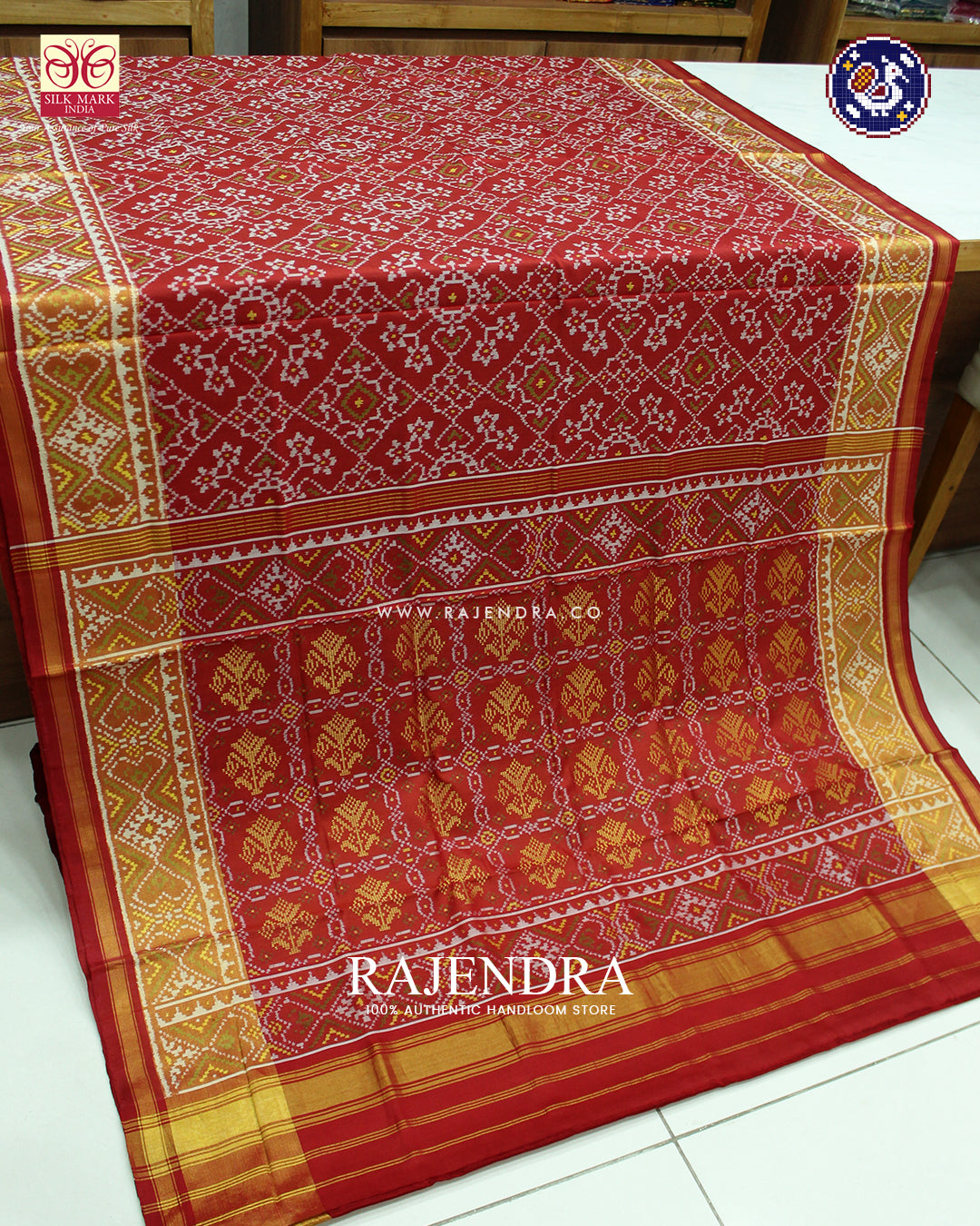 Traditional Navratna Mix Red Single Ikat Rajkot Patola Saree