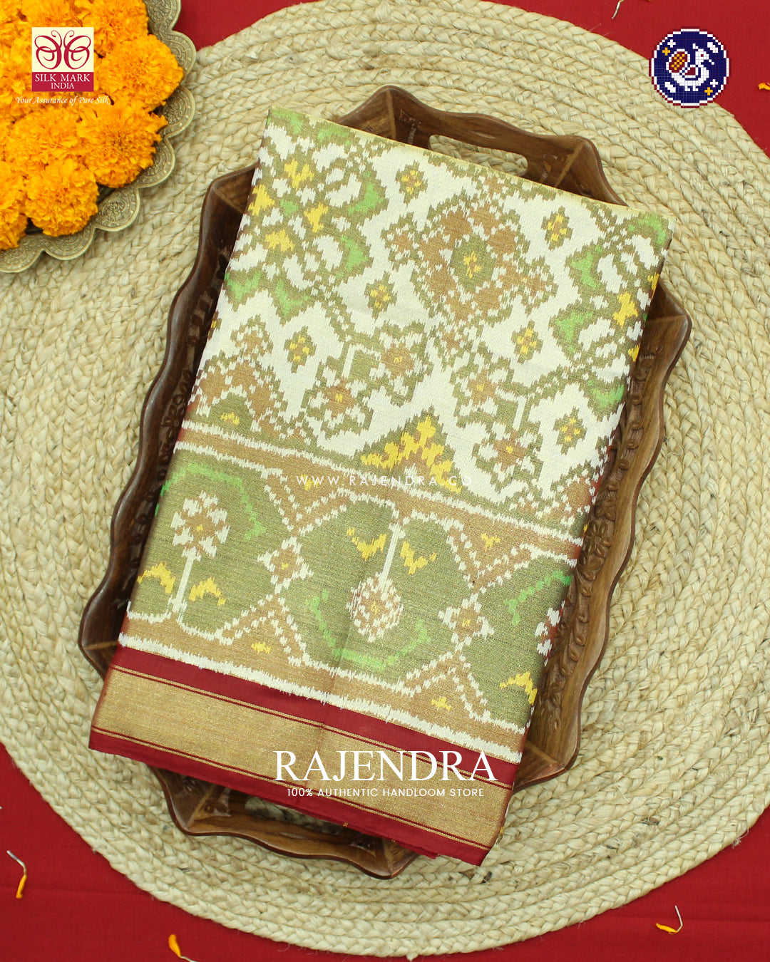 Traditional Navratna Design Red and Off-White Zari Tissue Rajkot Patola Saree