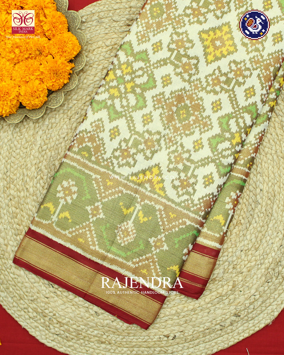 Traditional Navratna Design Red and Off-White Zari Tissue Rajkot Patola Saree