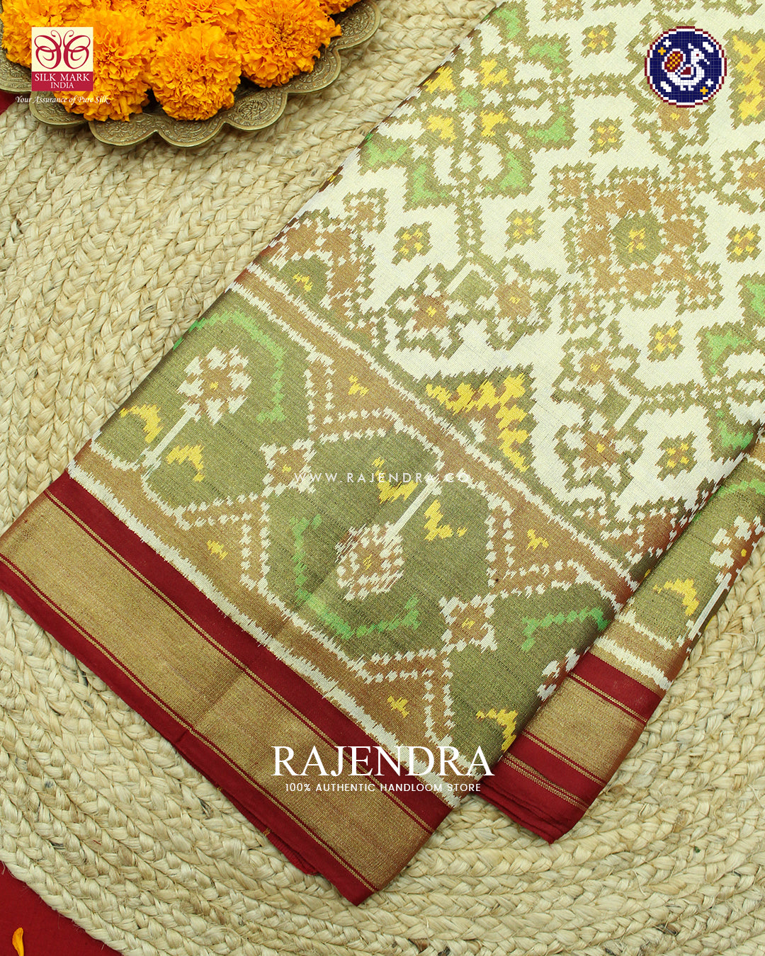 Traditional Navratna Design Red and Off-White Zari Tissue Rajkot Patola Saree