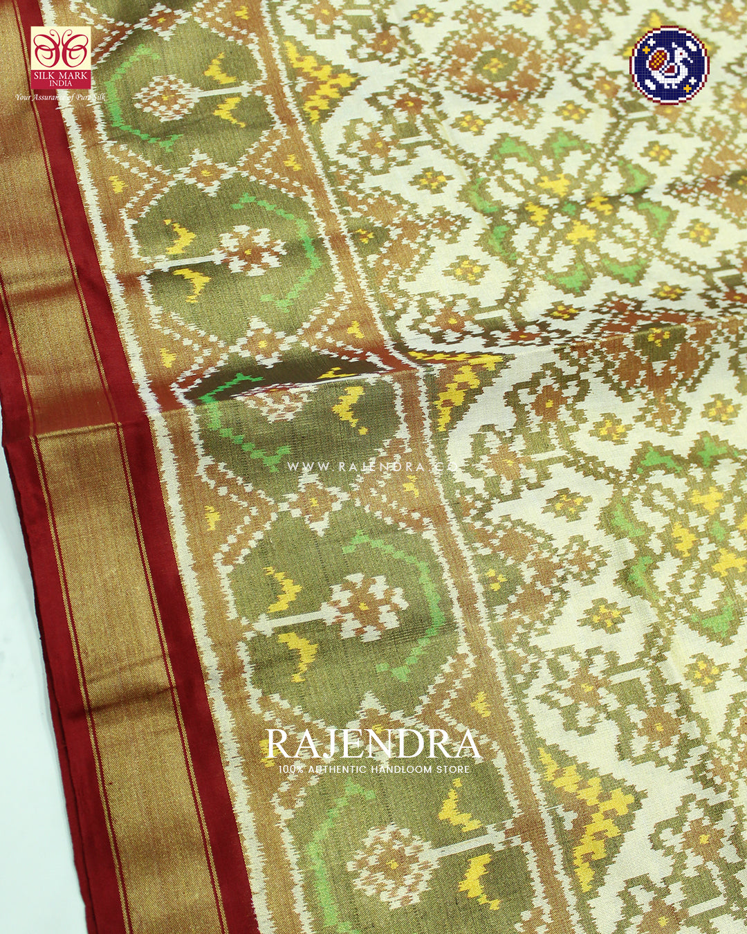 Traditional Navratna Design Red and Off-White Zari Tissue Rajkot Patola Saree