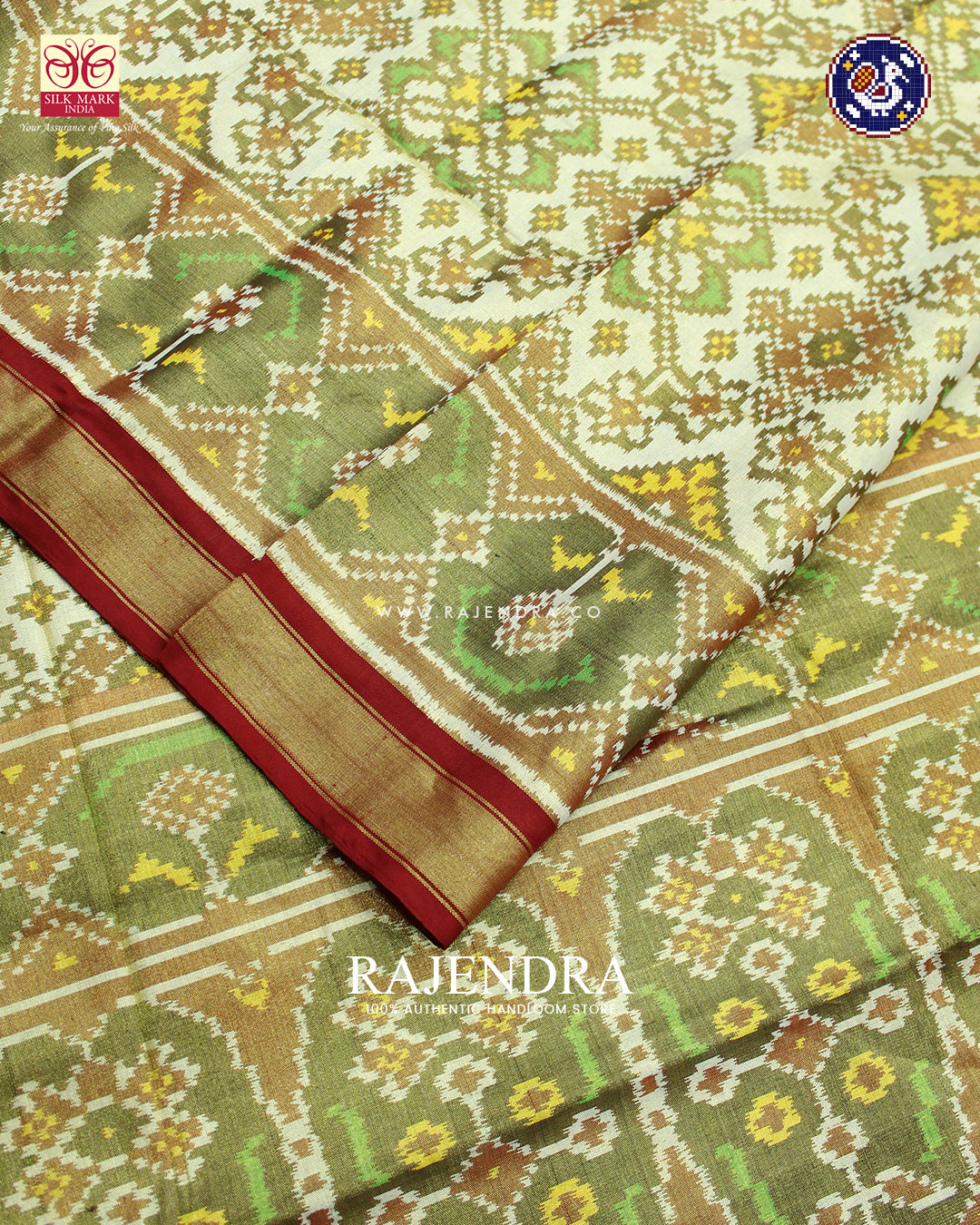 Traditional Navratna Design Red and Off-White Zari Tissue Rajkot Patola Saree