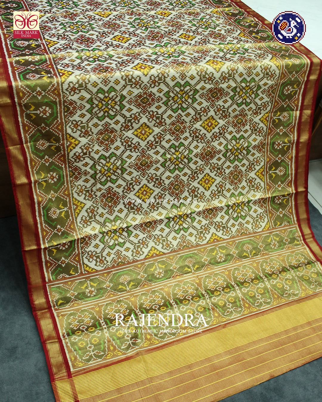 Traditional Navratna Design Red and Off-White Zari Tissue Rajkot Patola Saree