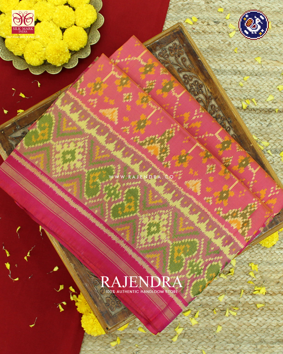 Traditional Navratna Design Pink and Peach Rajkot Patola Saree