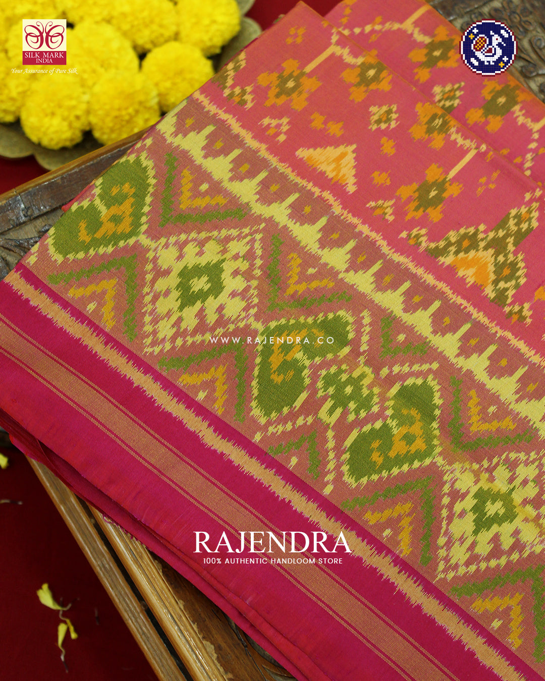 Traditional Navratna Design Pink and Peach Rajkot Patola Saree