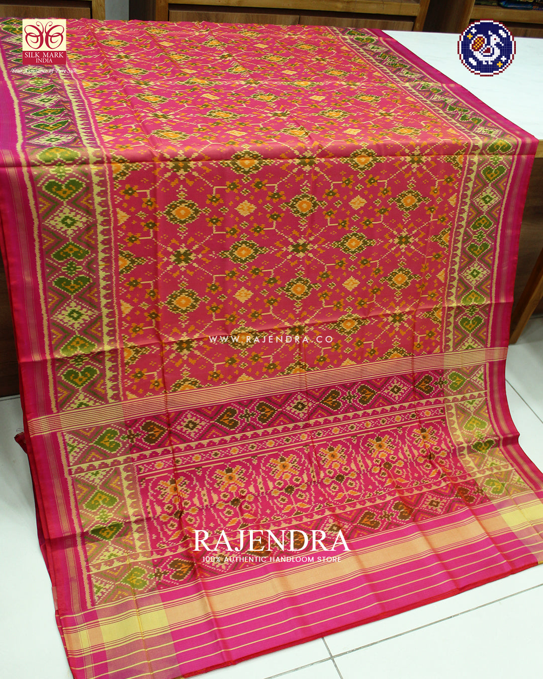 Traditional Navratna Design Pink and Peach Rajkot Patola Saree