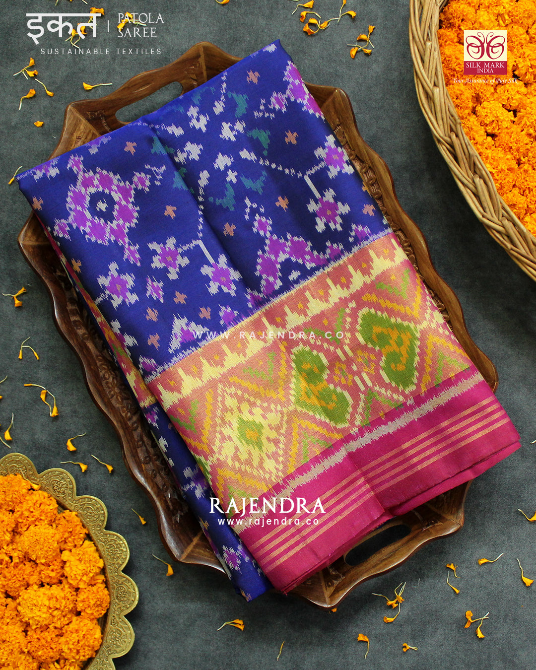 Traditional Navratna Design Pink and Blue Single Ikat Rajkot Patola Saree