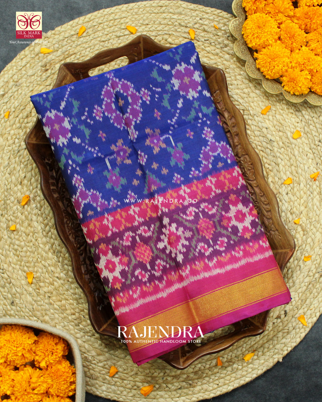 Traditional Navratna Design Pink and Blue Single Ikat Rajkot Patola Saree