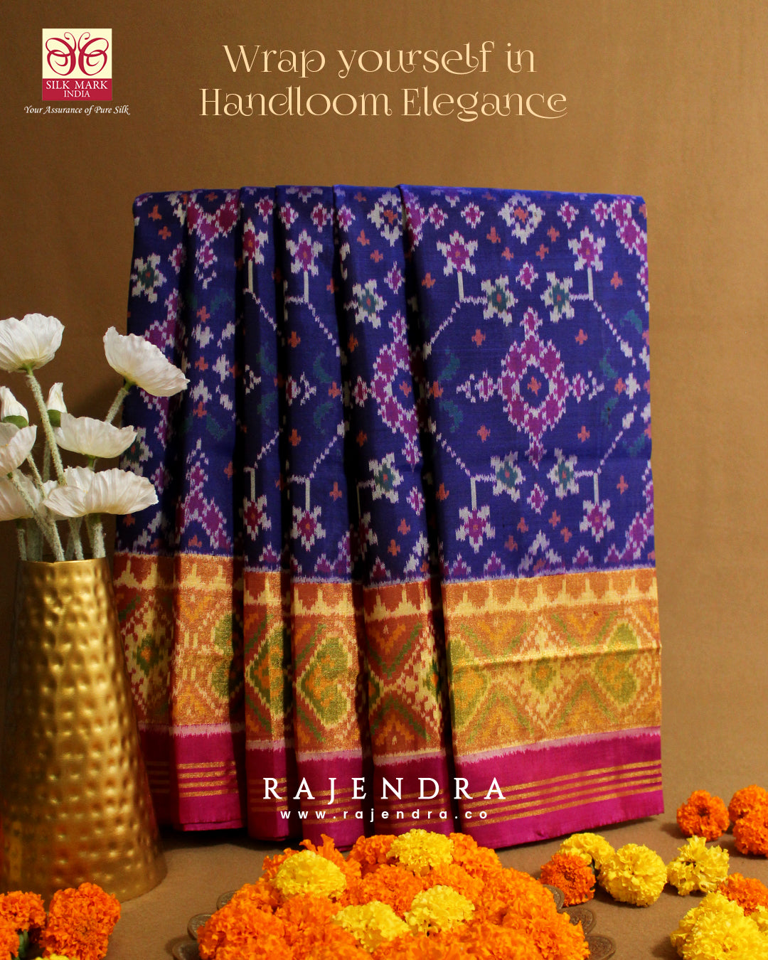 Traditional Navratna Bhat Pink and Blue Single Ikat Rajkot Patola Saree