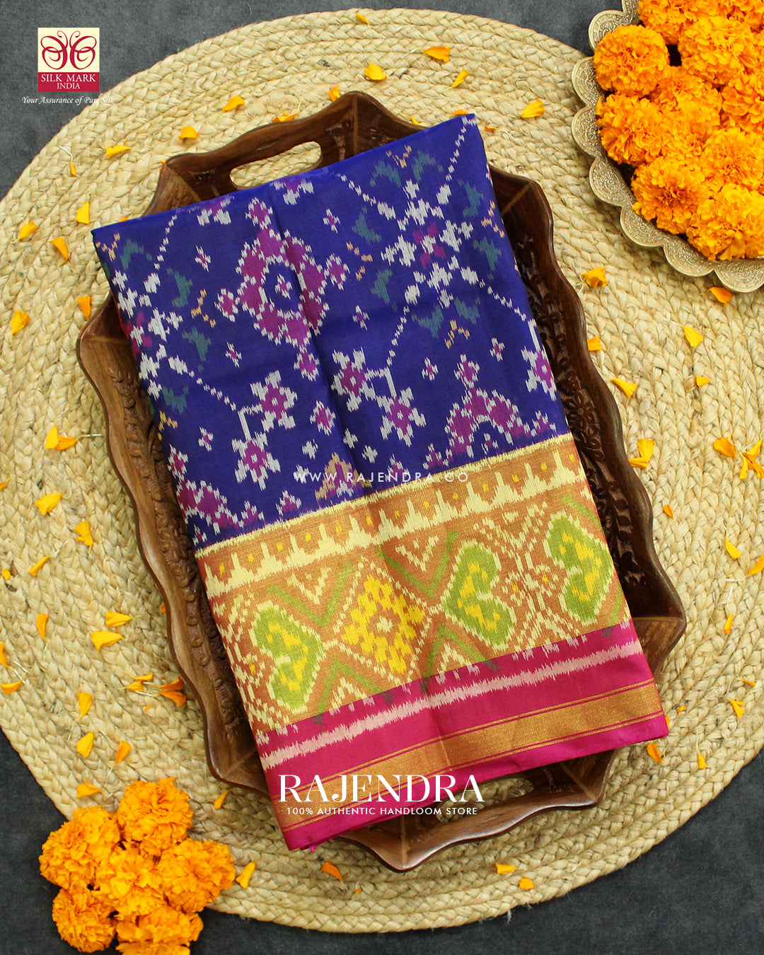 Traditional Navratna Design Pink and Blue Single Ikat Rajkot Patola Saree