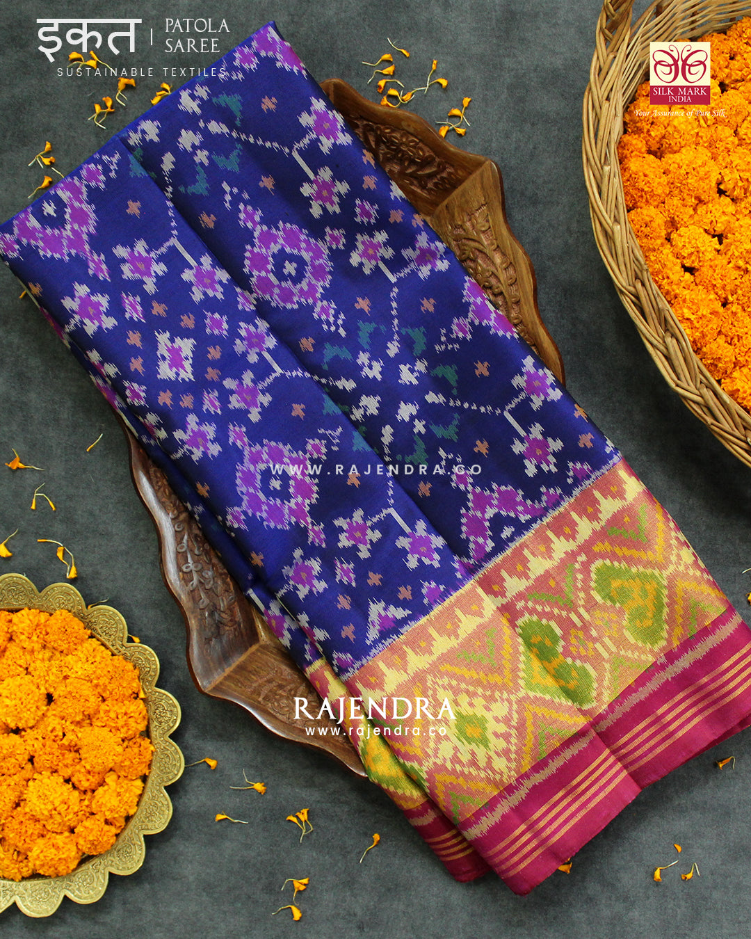 Traditional Navratna Design Pink and Blue Single Ikat Rajkot Patola Saree