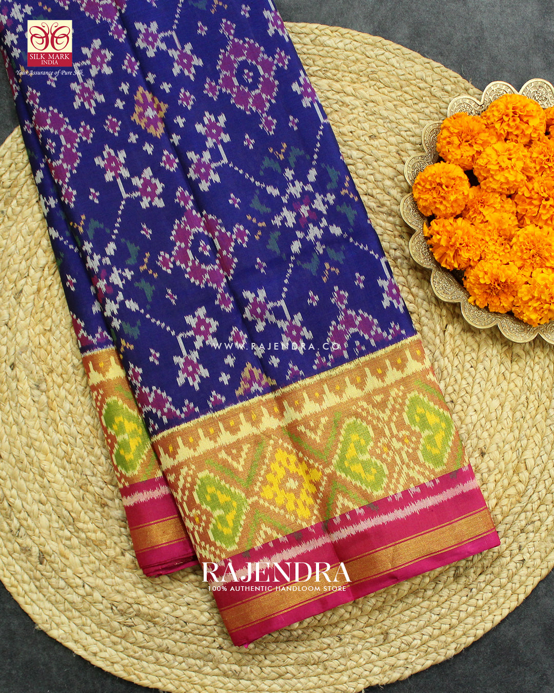 Traditional Navratna Design Pink and Blue Single Ikat Rajkot Patola Saree