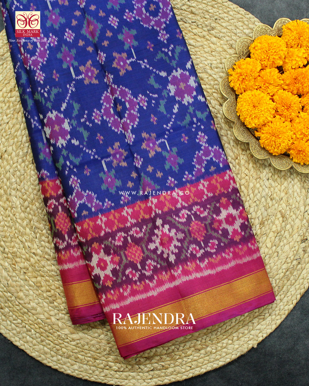 Traditional Navratna Design Pink and Blue Single Ikat Rajkot Patola Saree