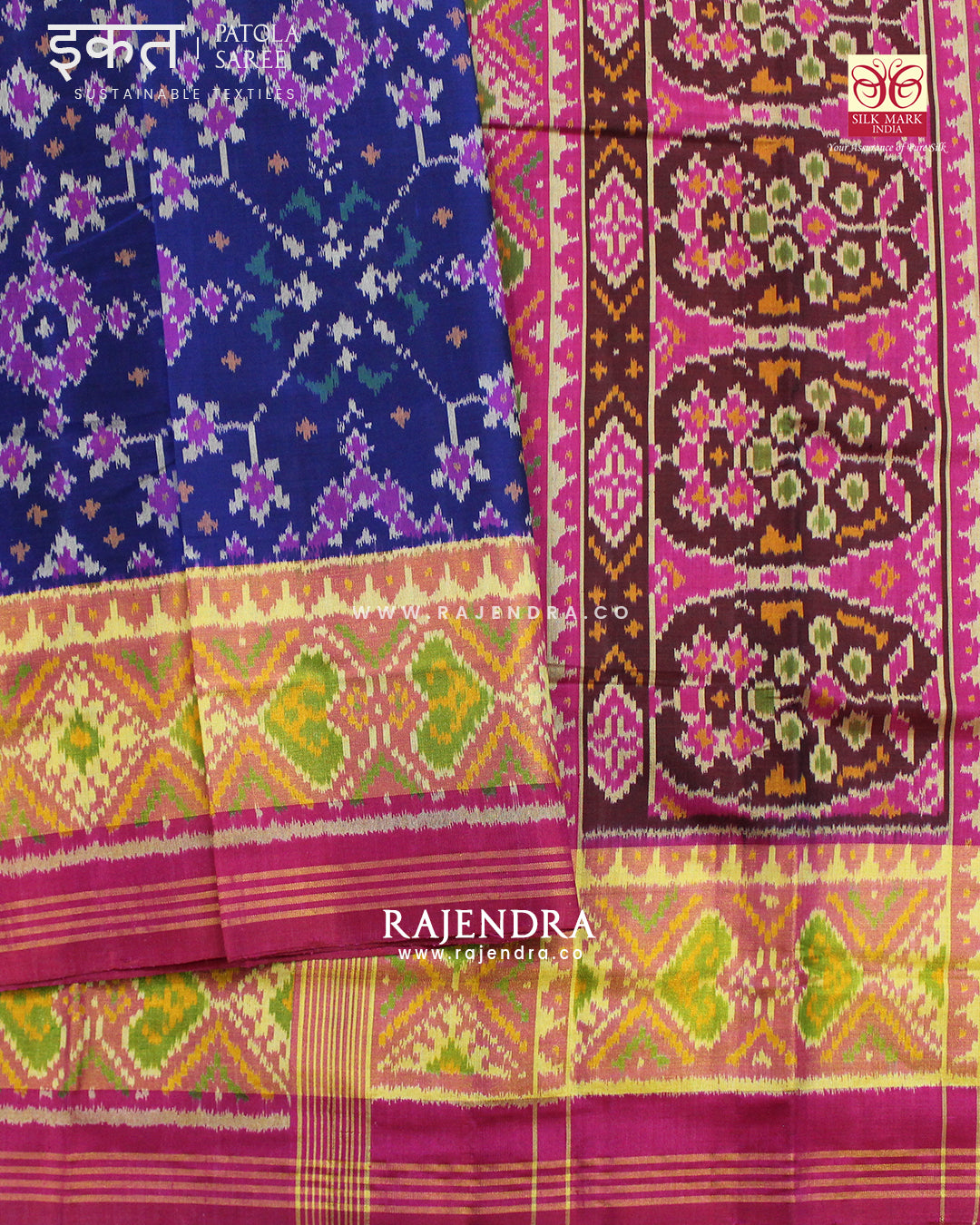 Traditional Navratna Design Pink and Blue Single Ikat Rajkot Patola Saree