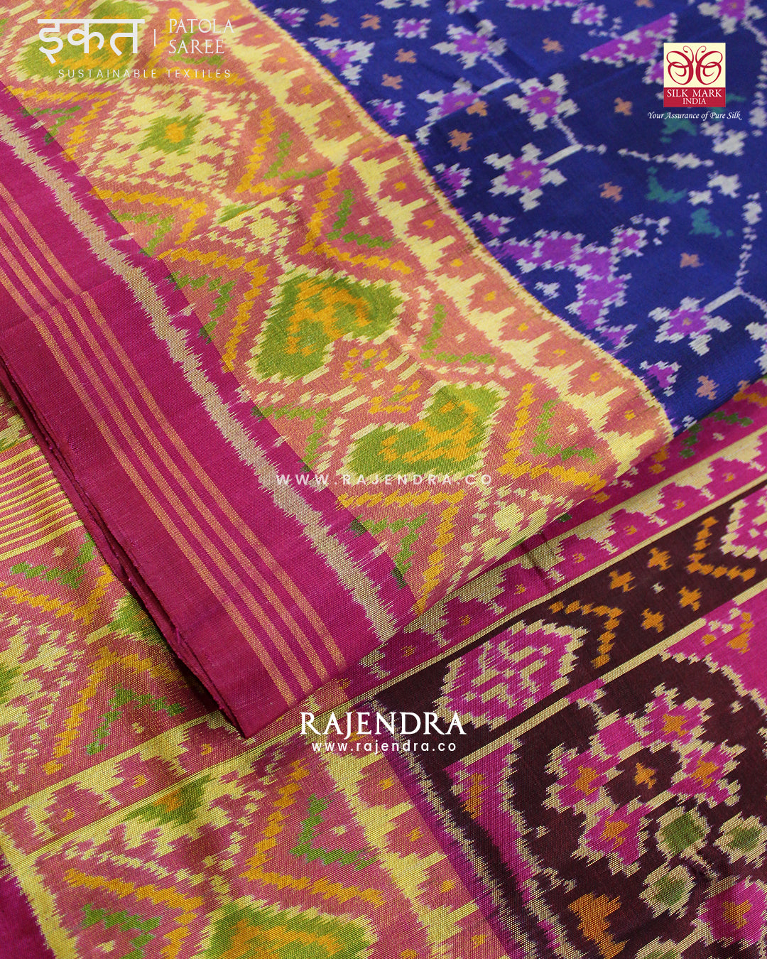 Traditional Navratna Design Pink and Blue Single Ikat Rajkot Patola Saree