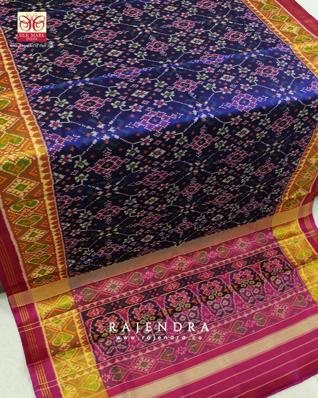 Traditional Navratna Bhat Pink and Blue Single Ikat Rajkot Patola Saree