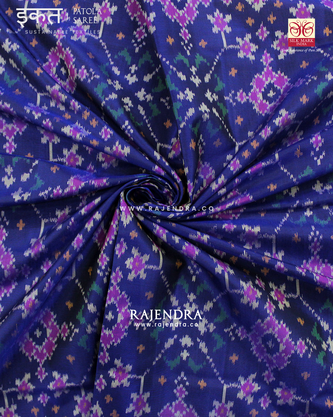 Traditional Navratna Design Pink and Blue Single Ikat Rajkot Patola Saree