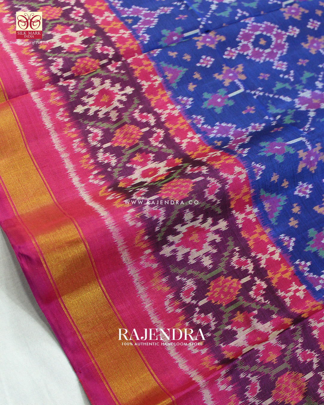 Traditional Navratna Design Pink and Blue Single Ikat Rajkot Patola Saree