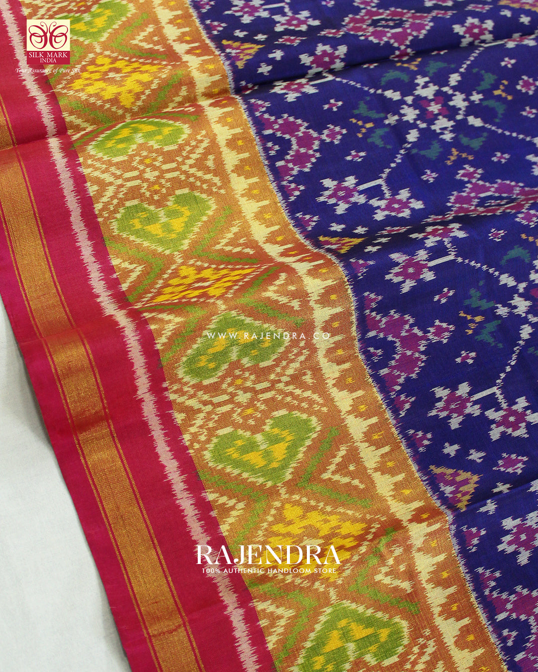 Traditional Navratna Design Pink and Blue Single Ikat Rajkot Patola Saree