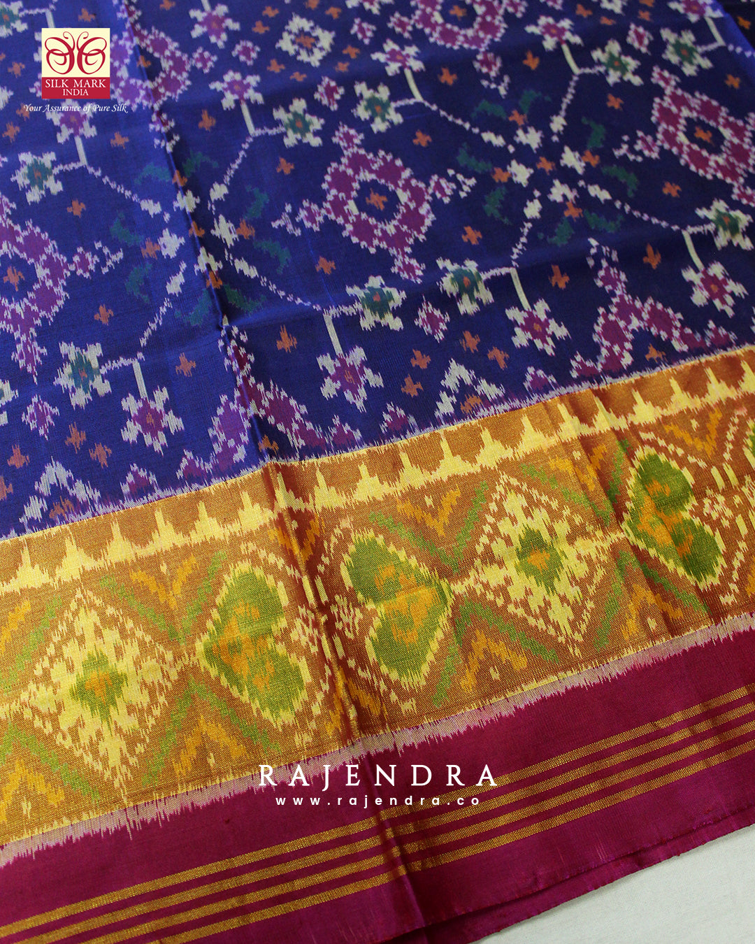 Traditional Navratna Bhat Pink and Blue Single Ikat Rajkot Patola Saree