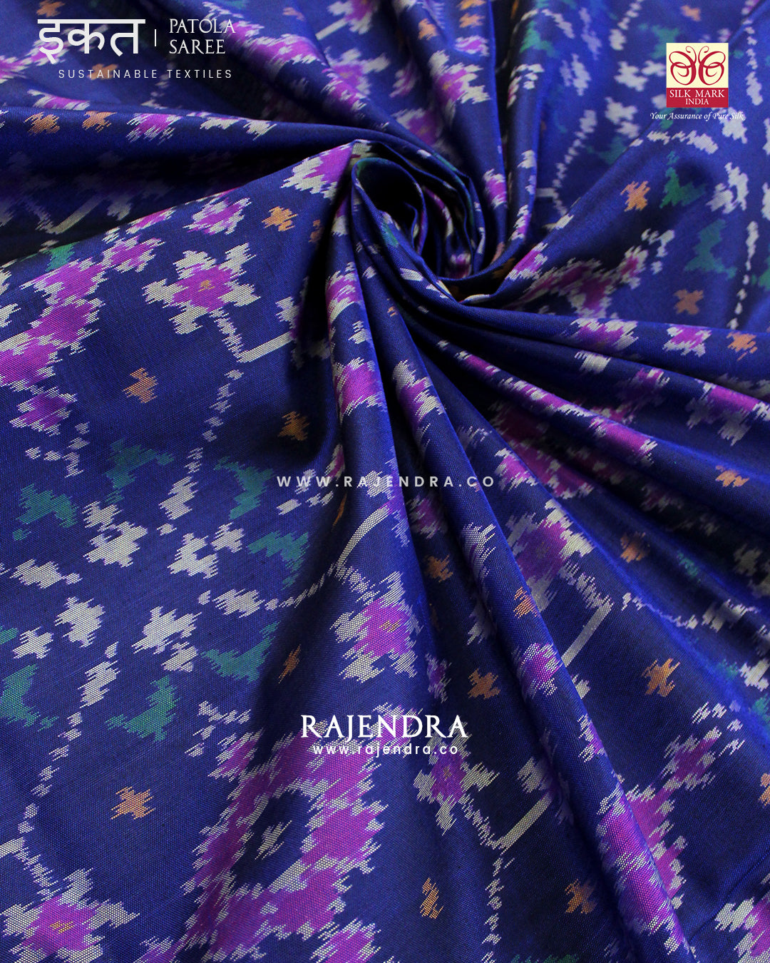 Traditional Navratna Design Pink and Blue Single Ikat Rajkot Patola Saree