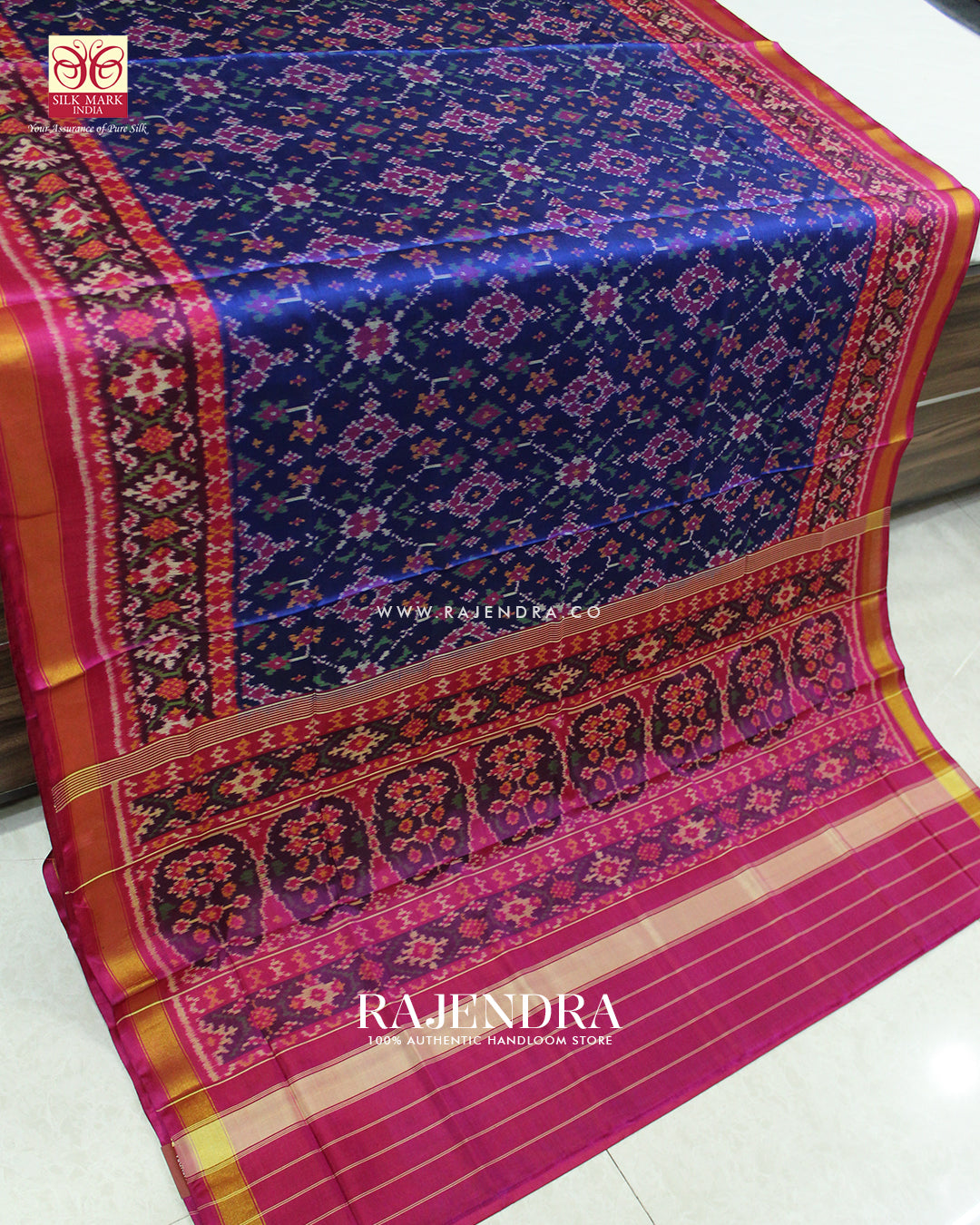 Traditional Navratna Design Pink and Blue Single Ikat Rajkot Patola Saree