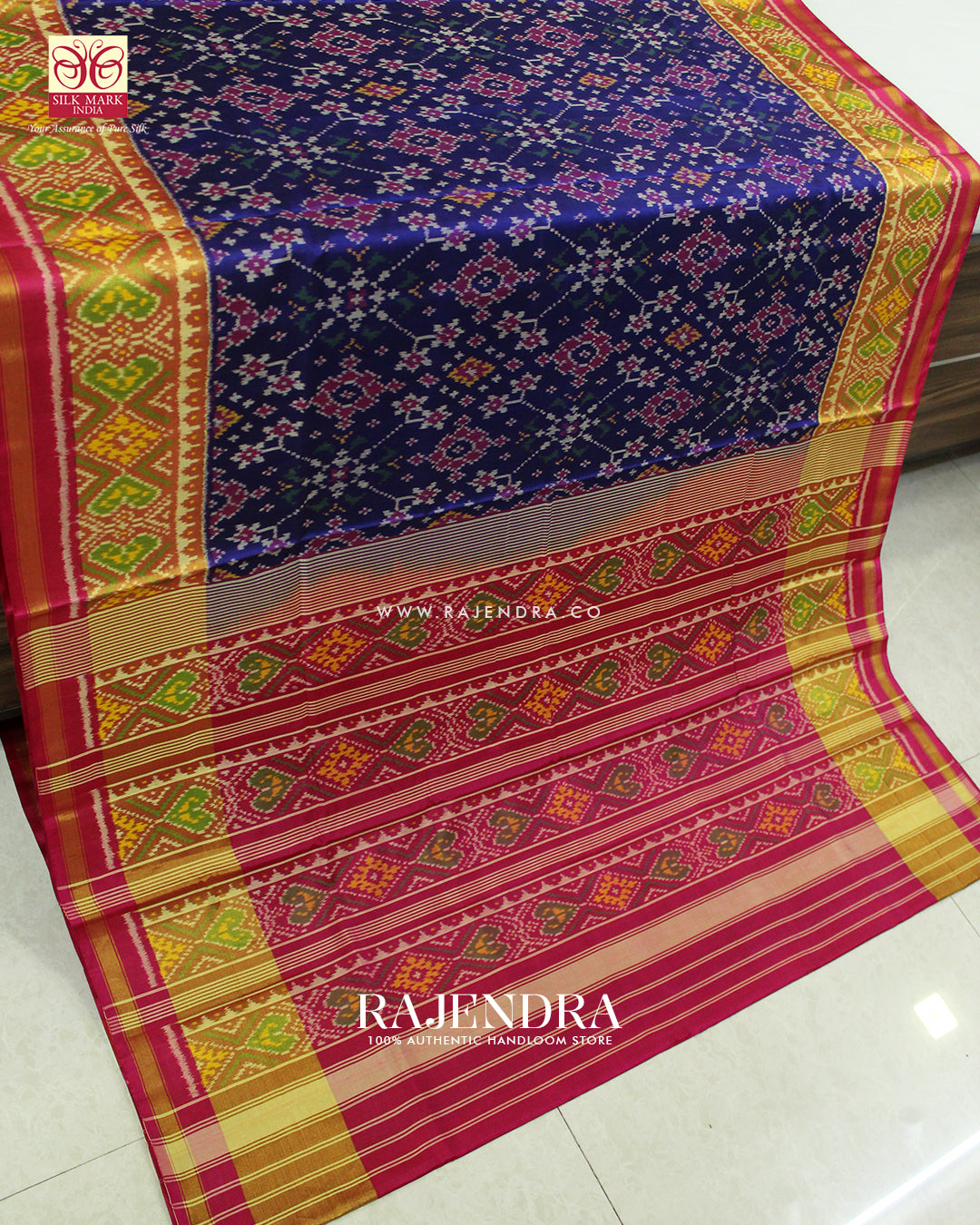 Traditional Navratna Design Pink and Blue Single Ikat Rajkot Patola Saree
