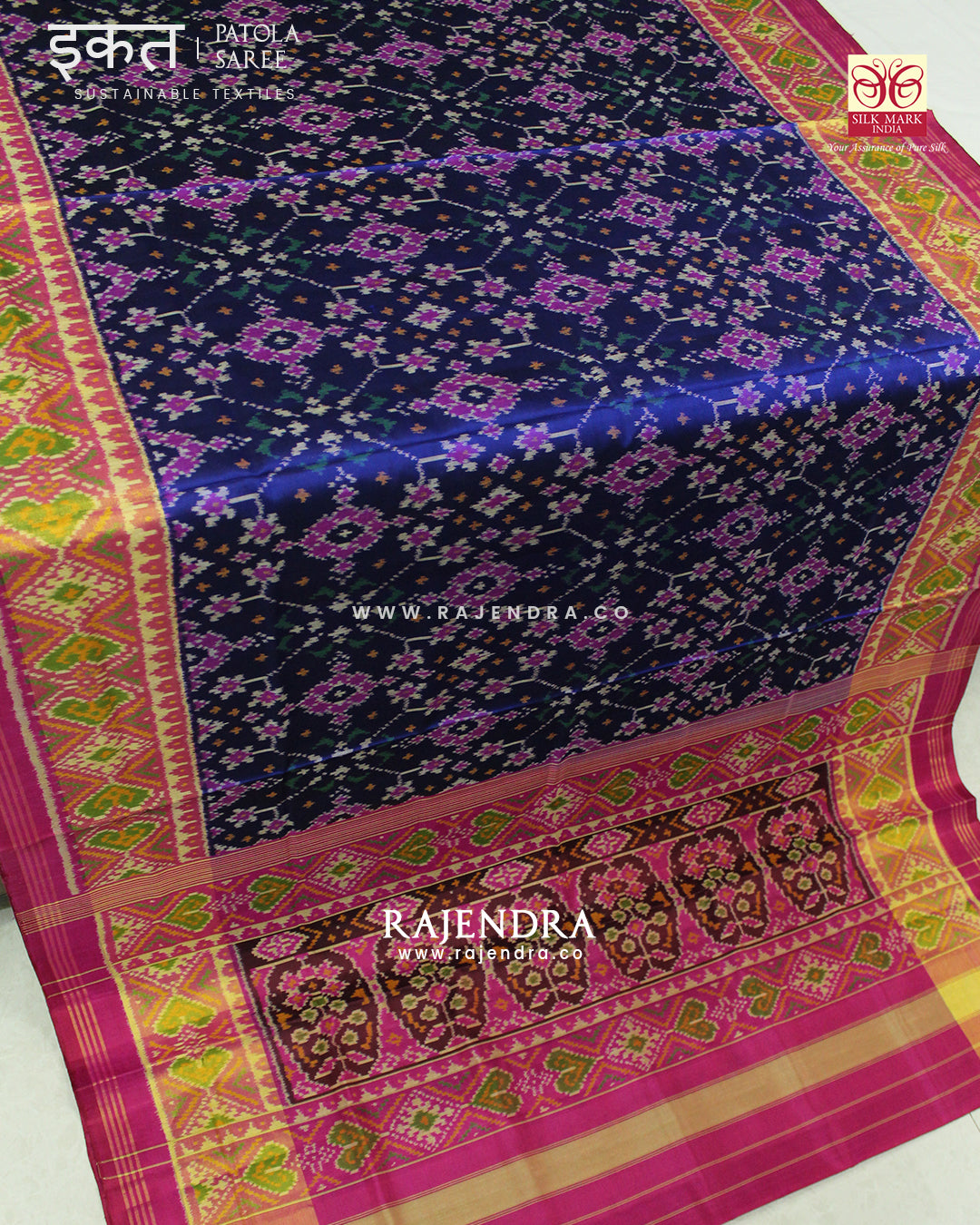 Traditional Navratna Design Pink and Blue Single Ikat Rajkot Patola Saree