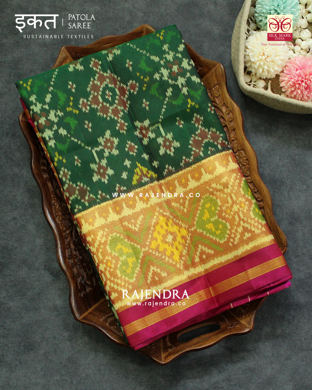 Traditional Navratna Design Pink and Green Single Ikat Rajkot Patola Saree