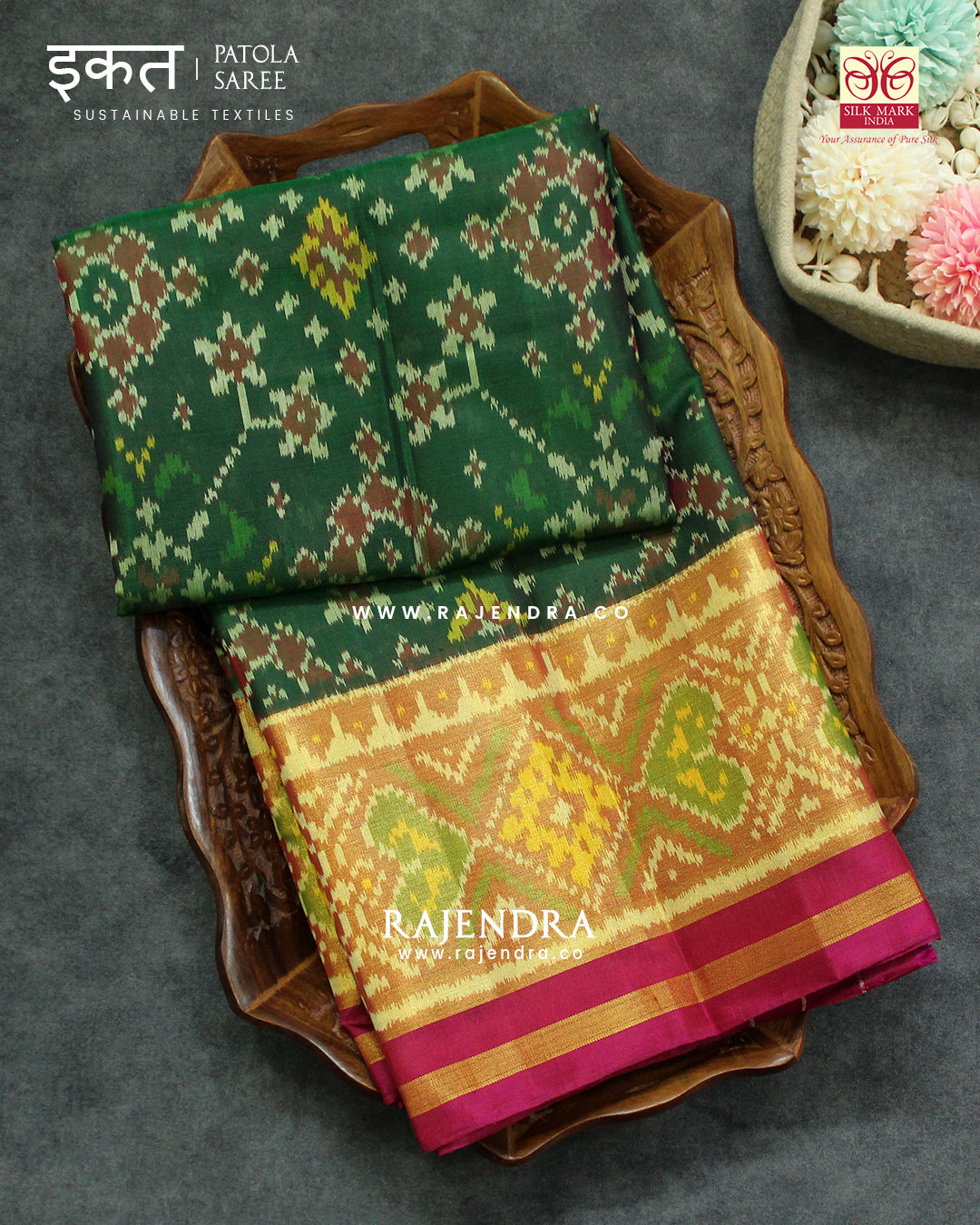 Traditional Navratna Design Pink and Green Single Ikat Rajkot Patola Saree