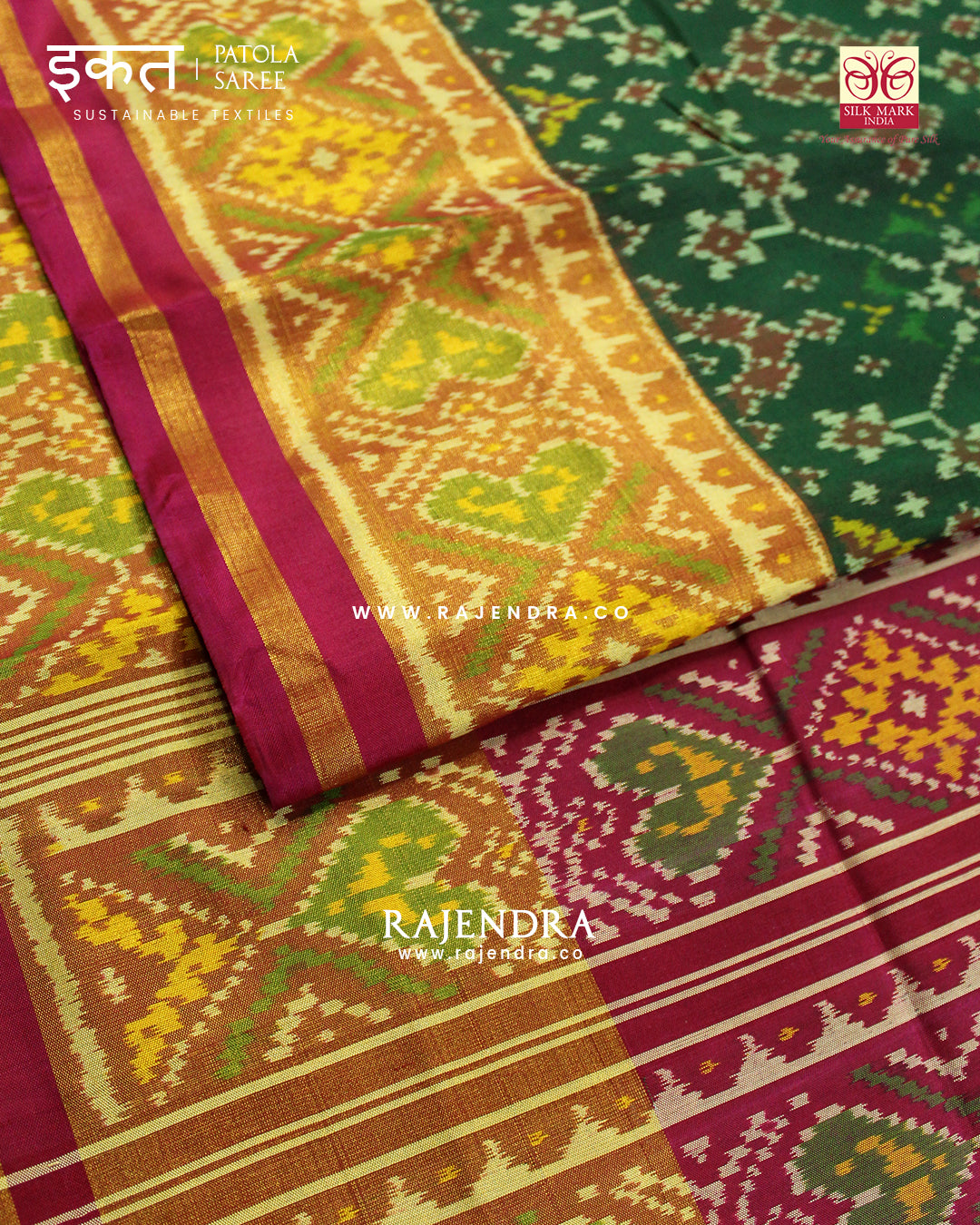 Traditional Navratna Design Pink and Green Single Ikat Rajkot Patola Saree