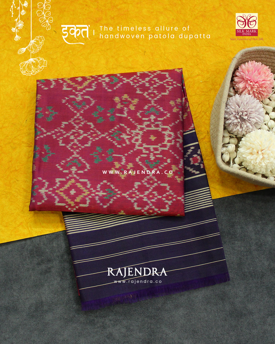Traditional Panchanda Design Dark Pink and Purple Single Ikat Rajkot Patola Dupatta