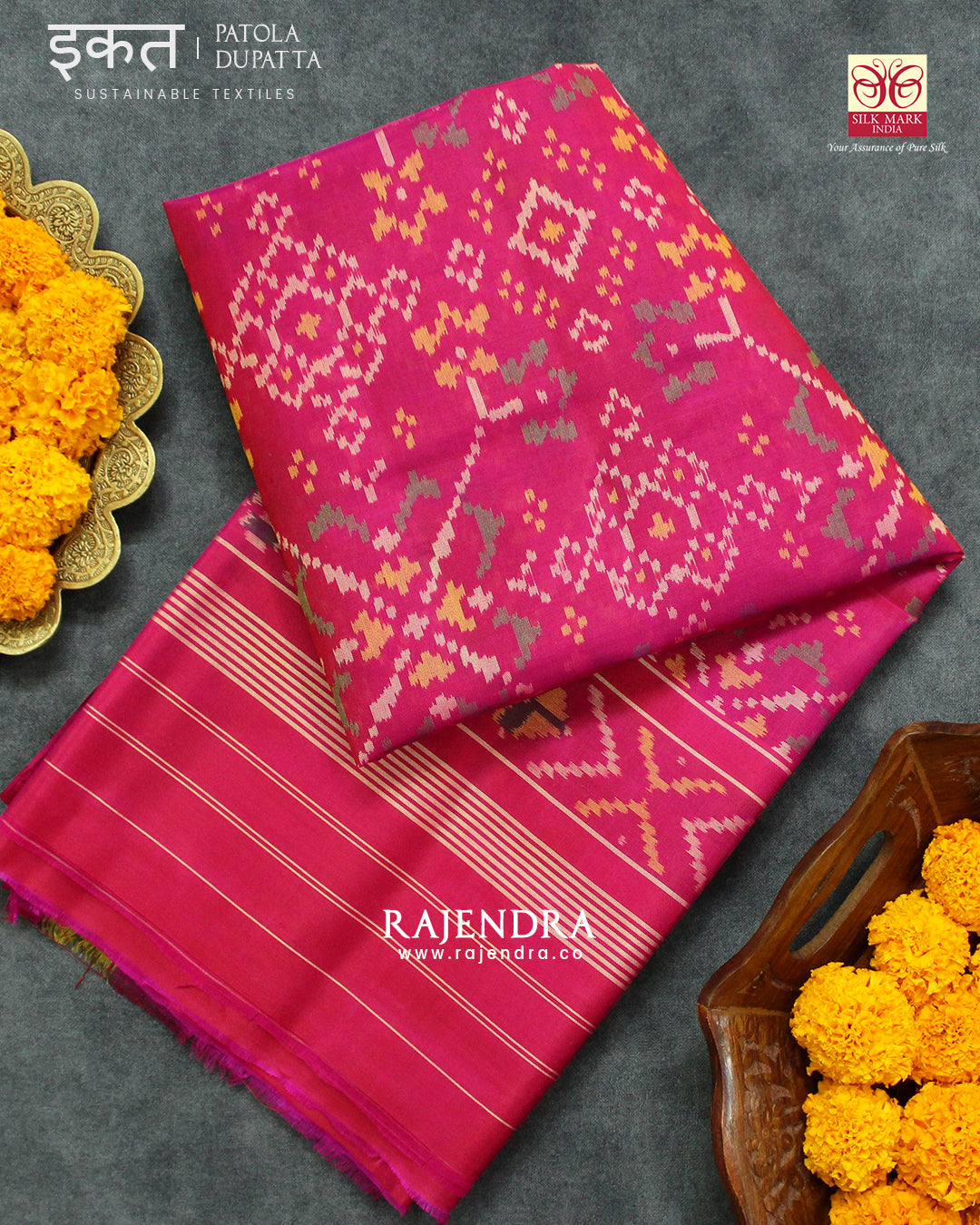Traditional Navratna Pink Single Ikat Rajkot Patola Dupatta