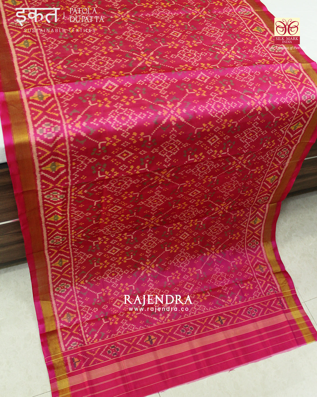 Traditional Navratna Pink Single Ikat Rajkot Patola Dupatta