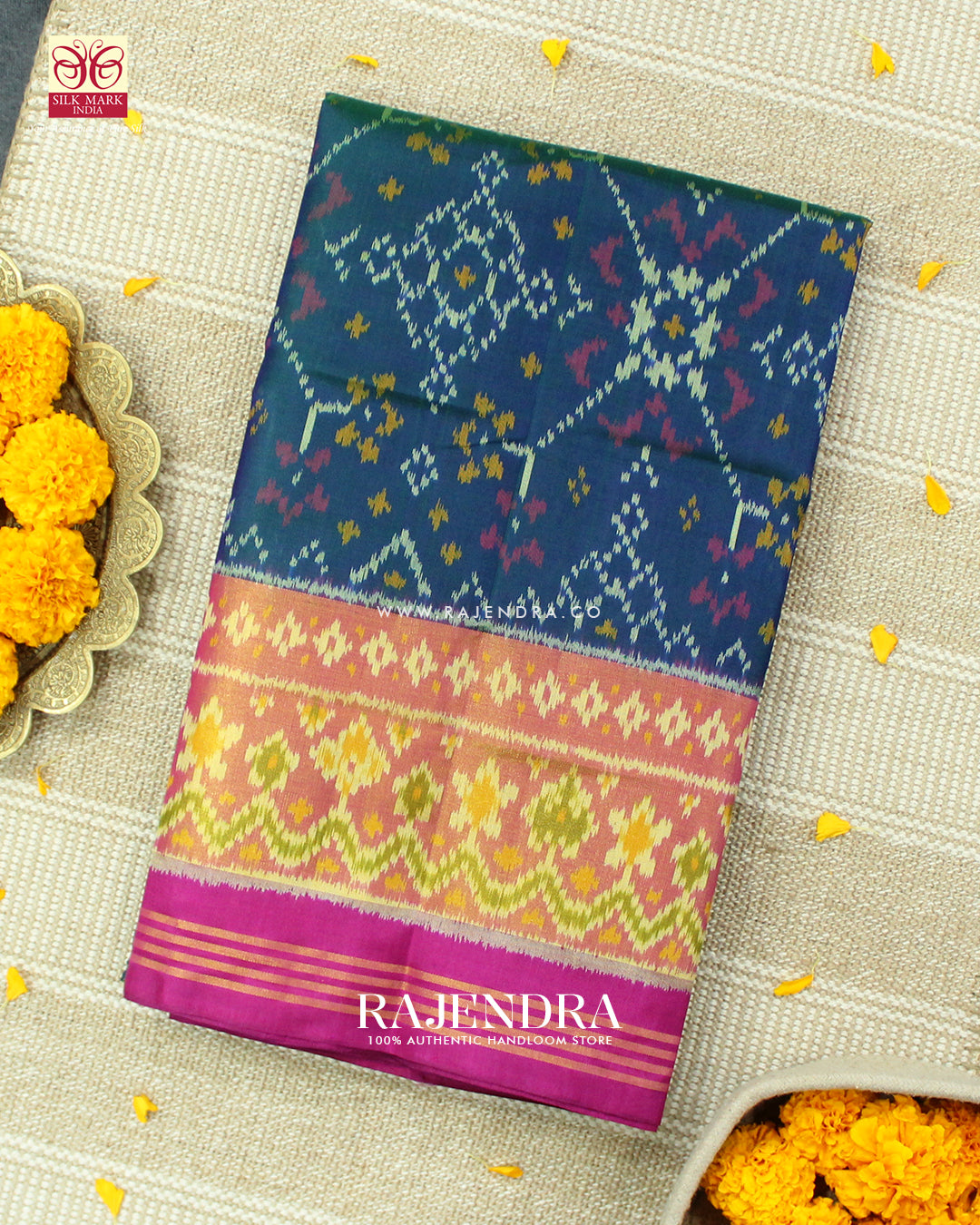 Traditional Navratna Design Pink and Blue Single Ikat Rajkot Patola Saree